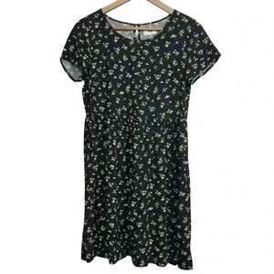 Old Navy Black & Yellow Floral Short Sleeve Woven Swing Dress Womens Size XS